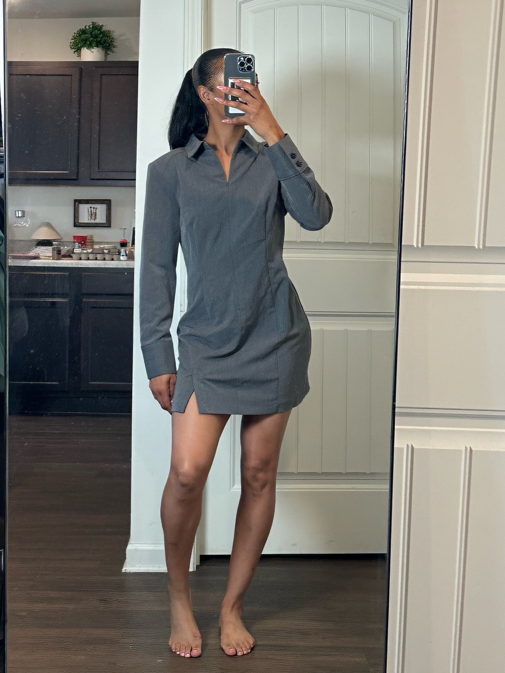 Zara Grey Fitted Mini Shirt Dress with Collar